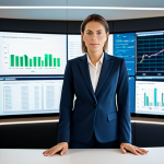 A professional female financial advisor in a tailored, modest business suit, standing confidently in a high-tech, sleek private banking office in Monaco. Multiple screens display complex financial data and global market trends in the background. The modern office features clean lines, ambient lighting, and panoramic views of the city. Professional photography, high detail, realistic, dynamic lighting, perfect anatomy, correct proportions, natural pose, well-formed hands, proper finger count, natural body proportions, safe for work, appropriate content, fully clothed, professional dress, professional.