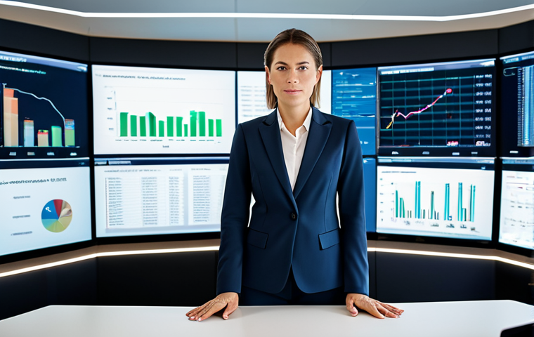 A professional female financial advisor in a tailored, modest business suit, standing confidently in a high-tech, sleek private banking office in Monaco. Multiple screens display complex financial data and global market trends in the background. The modern office features clean lines, ambient lighting, and panoramic views of the city. Professional photography, high detail, realistic, dynamic lighting, perfect anatomy, correct proportions, natural pose, well-formed hands, proper finger count, natural body proportions, safe for work, appropriate content, fully clothed, professional dress, professional.